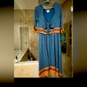 Anthropologie Maeve Blue Beloved Tie Front 3/4 Sleeve Midi Dress Women's L